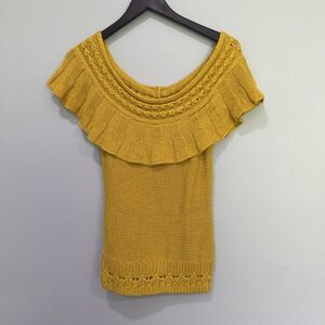 ANTHROPOLOGIE OFF /ON SHOULDER Knit TOP 100% COTTON MUSTARD YELLOW SIZE:S Boho